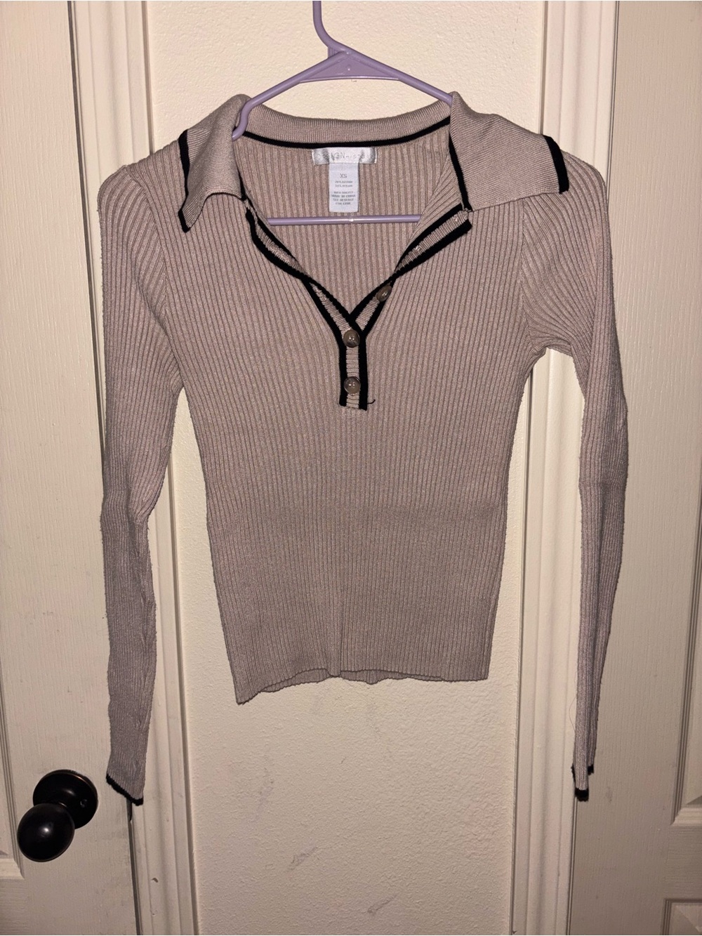 Design History Light Taupe Ribbed Polo Sweater with Contrast Trim Size XS